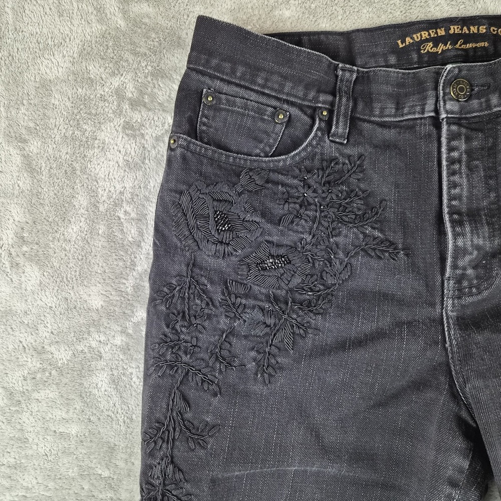 Lauren Jeans Co Ralph Lauren Jeans 8 Black Denim Embroidered Beaded Raw Hem